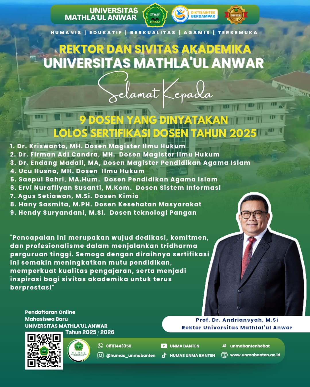Rektor Universitas Mathla’ul Anwar Apresiasi Dosen yang Lolos Sertifikasi Dosen 2025: Bukti Peningkatan Mutu dan Profesionalisme